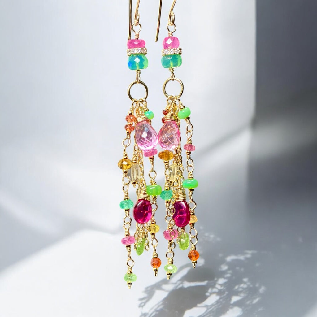Pink Sapphire, Green Gemstone Gold Fill Long Dangle Earrings