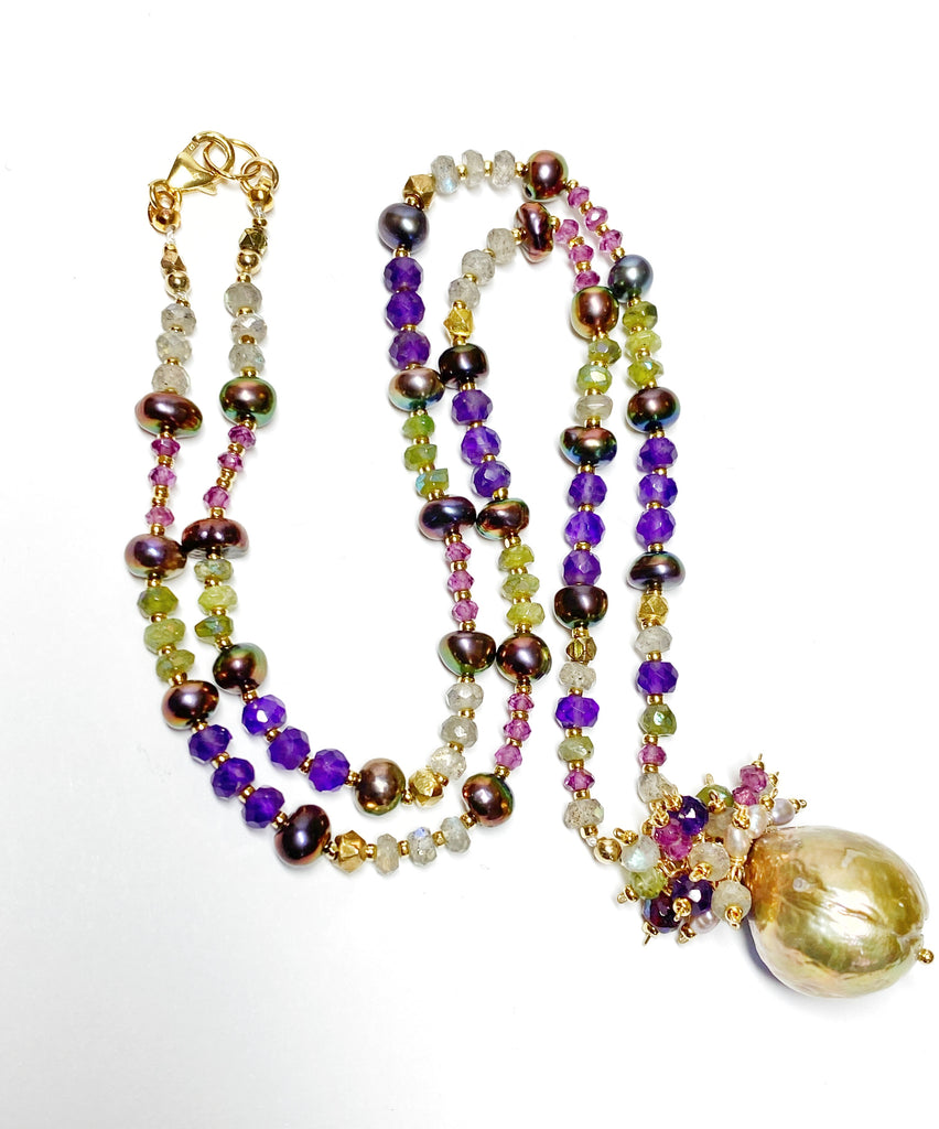 Exotic Mauve Pink Pond Slime Baroque Freshwater Pearl Pendant with Gemstone Necklace