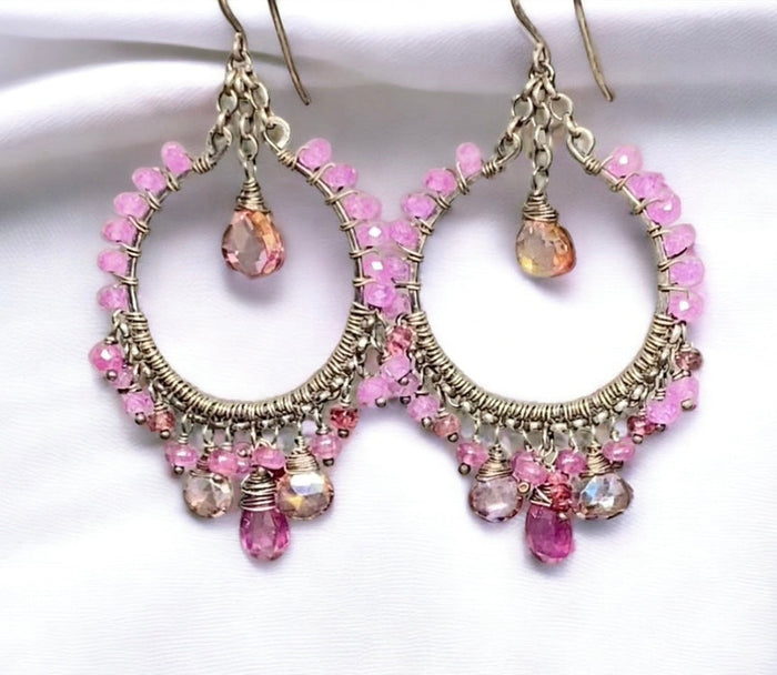 Pink Sapphire Chandelier Hoop Earrings in Oxidized Sterling Silver