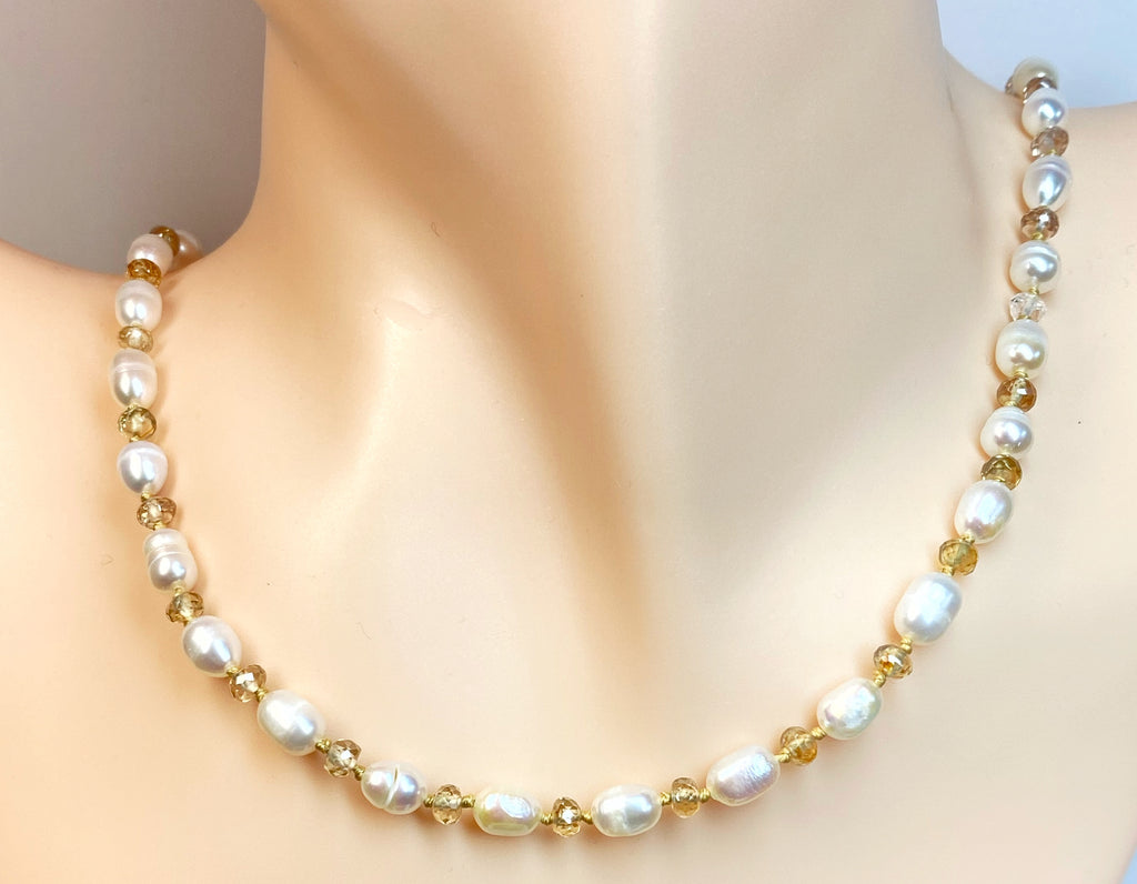 Pearl Necklace with Natural Zircon Gemstones, Silk Knotted, Gold Fill
