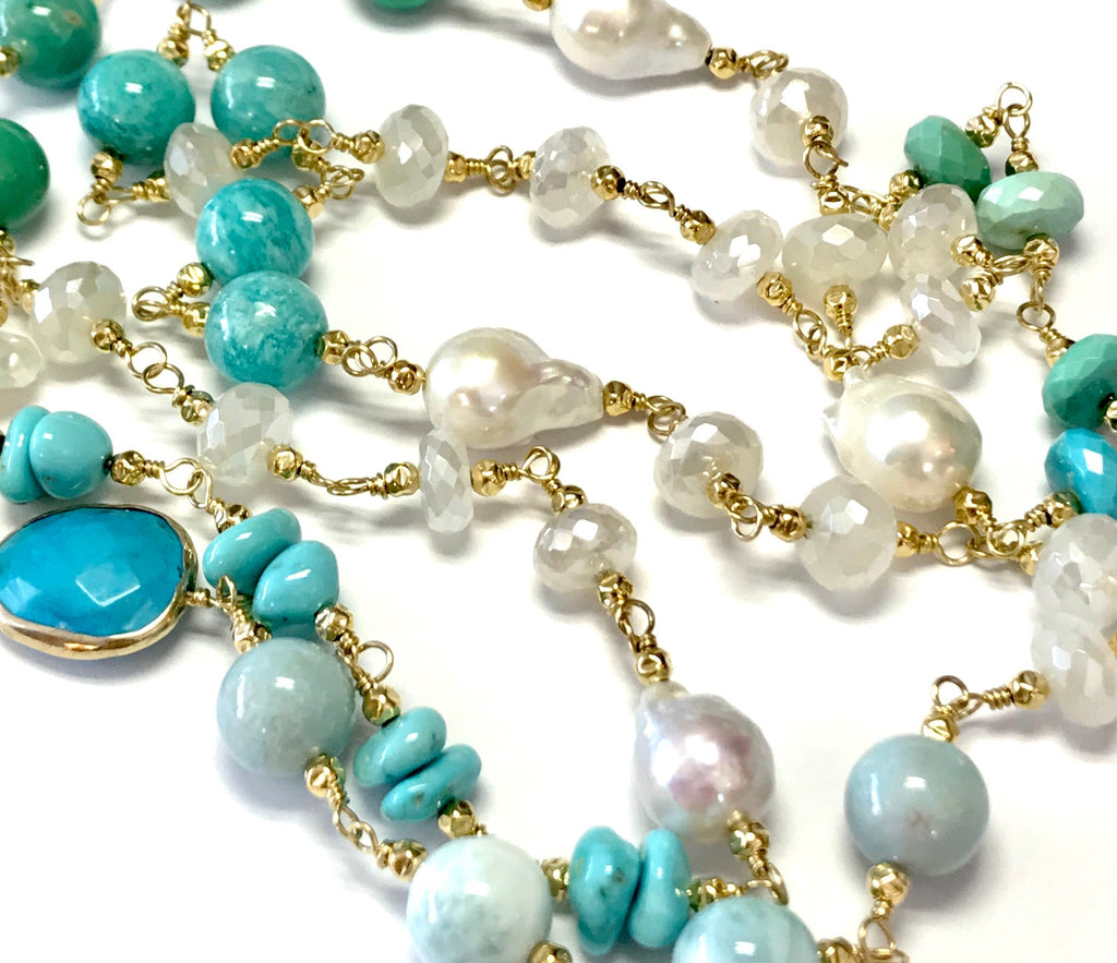 Long Multi Gemstone Pearl Necklace Larimar Sleeping Beauty Turquoise Gold Fill