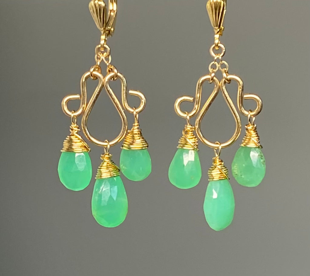 Green Chrysoprase Gemstone Chandelier Earrings Gold