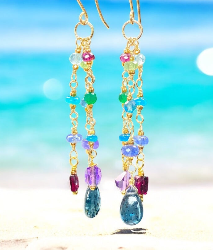 Teal Kyanite, Multi Gemstone Gold Fill Long Dangle Earrings