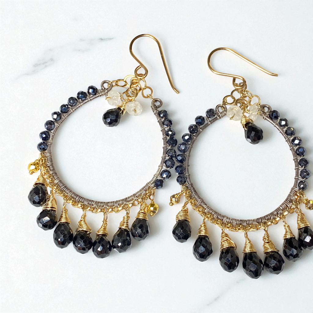 Mystic Black Spinel and Mixed Metal Hoop Earrings - Doolittle