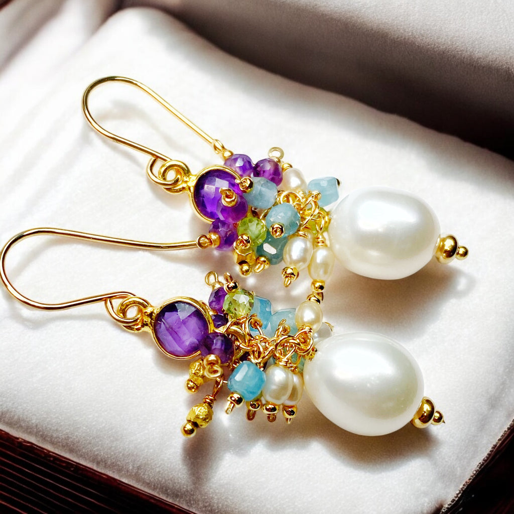 Pearl Cluster Earrings with Peridot, Aquamarine, Amethyst in Gold