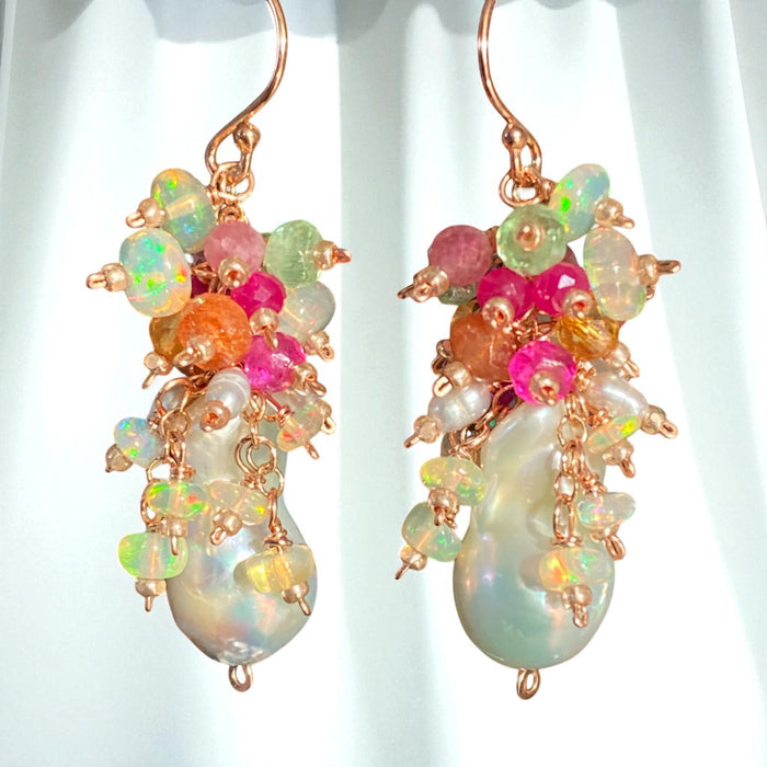 White Flameball Pearl Multicolor Gemstone Cluster Earrings Rose Gold Fill
