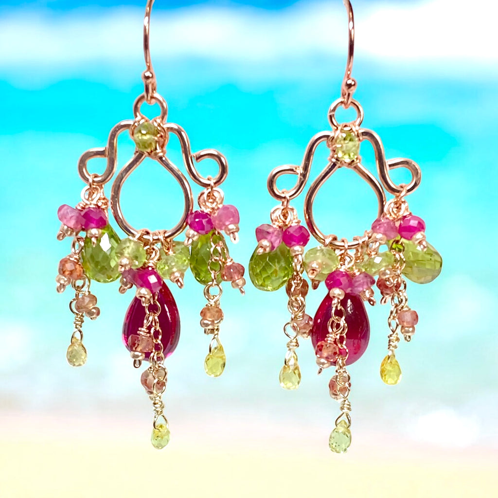 Rubellite and Peridot Rose Gold Chandelier Earrings - Pink and Green