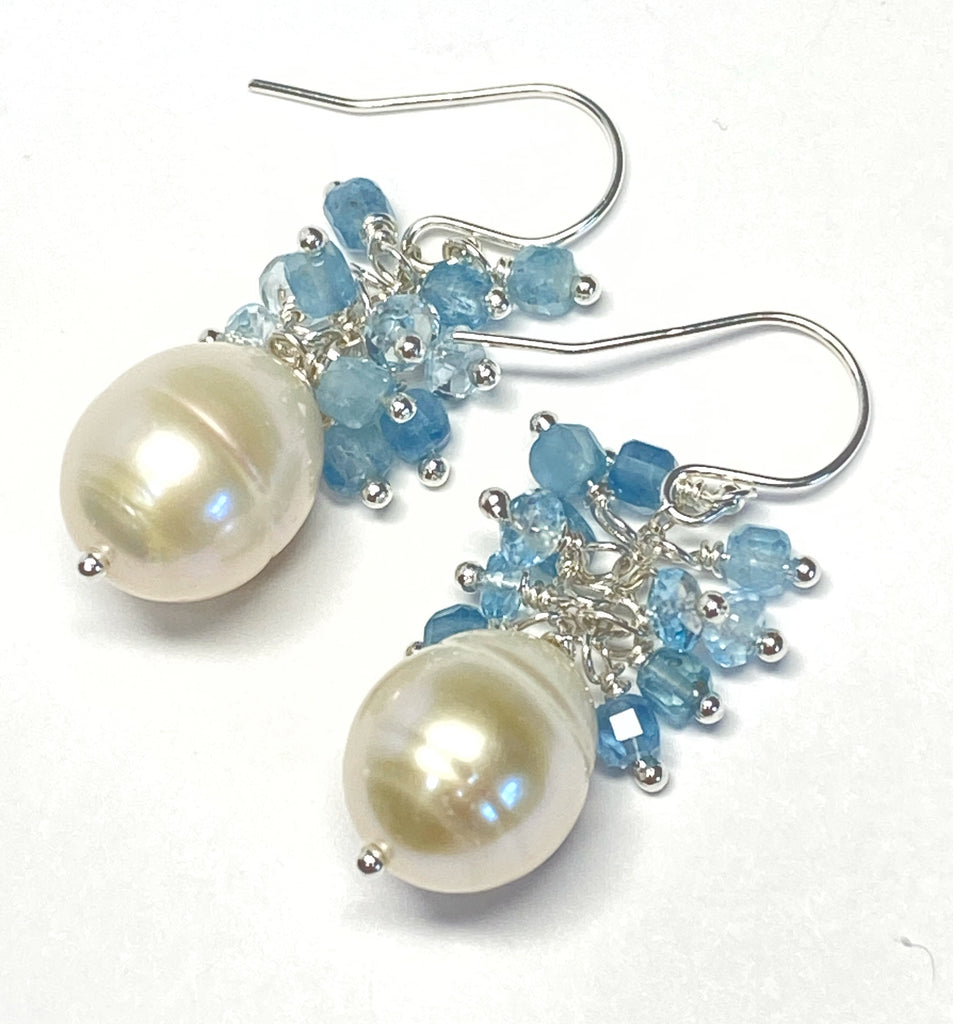 Pearl Cluster Earrings with Blue Aquamarine, Blue Topaz, Gold Fill or Sterling Silver