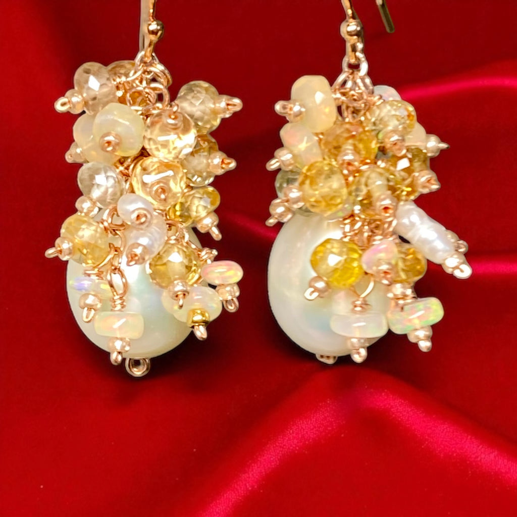 Natural Zircon Gemstone, Opal and Pearl Cluster Earrings, Rose Gold Fill