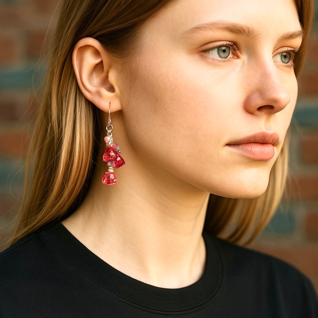 Pink Tourmaline and Quartz Dangle Earrings Sterling Silver