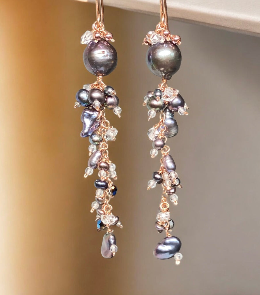 Black Peacock Pearl and Herkimer Crystal Dangle Earrings Rose Gold