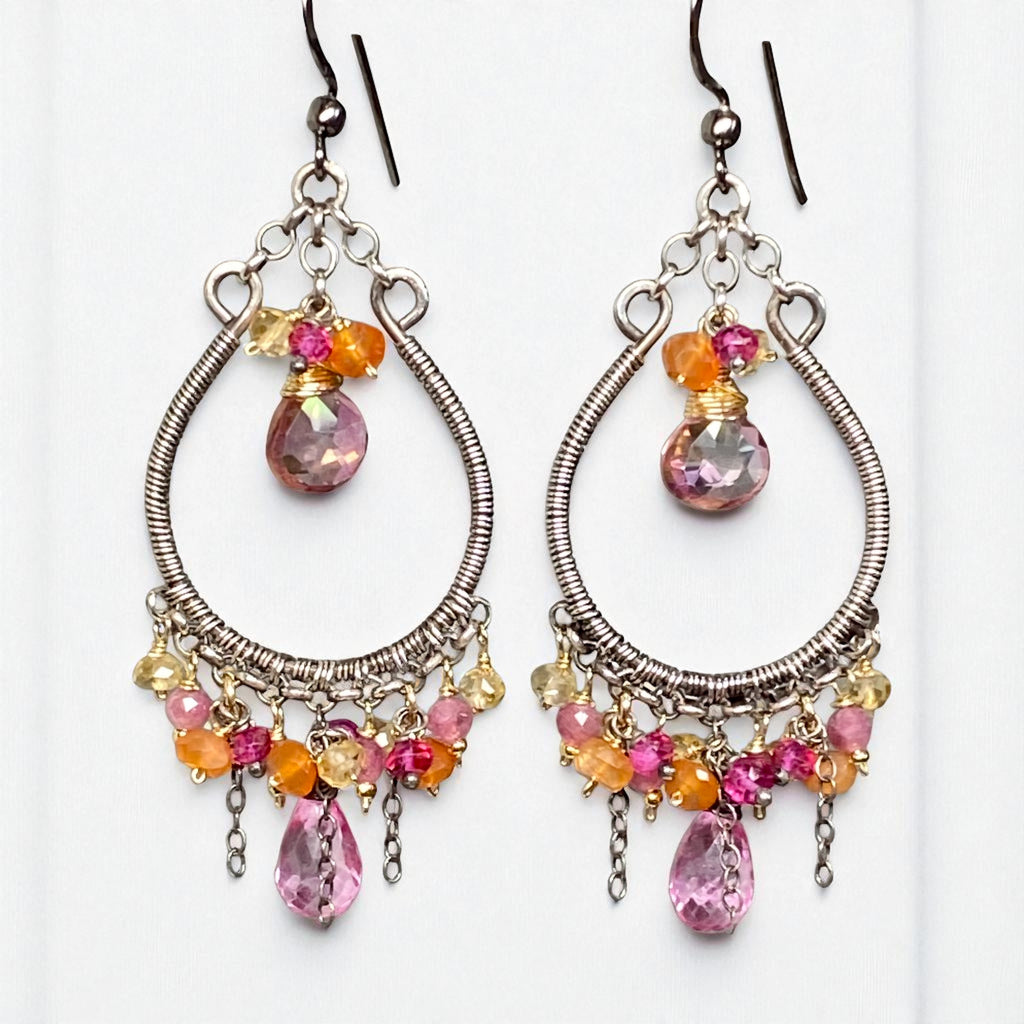 Multi-color Gemstone Hoop Chandelier Earrings in Mixed Metals