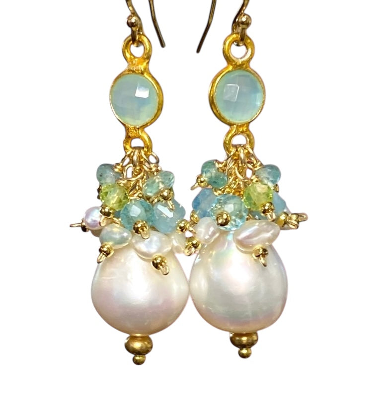 Pearl Cluster Earrings with Peridot, Aquamarine, Apatite in Gold