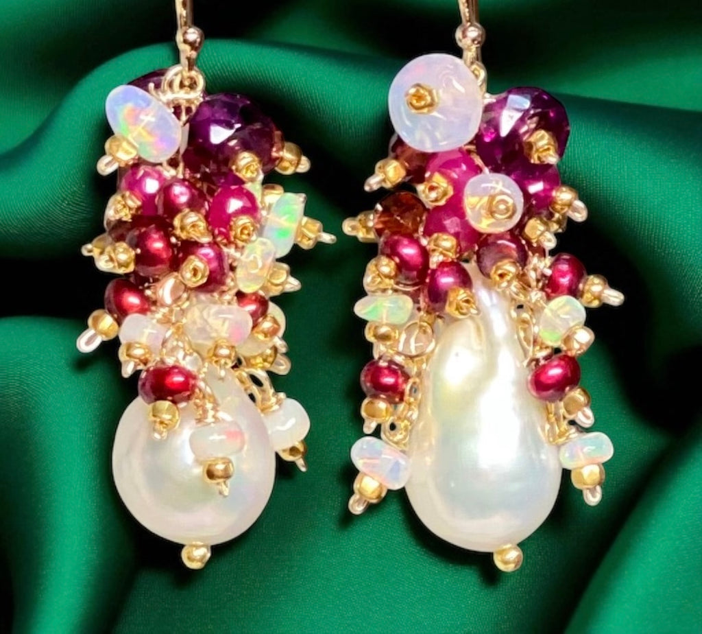 Baroque Pearl Earrings with Rubies, Garnets and Fiery AAA Ethiopian Opals 2