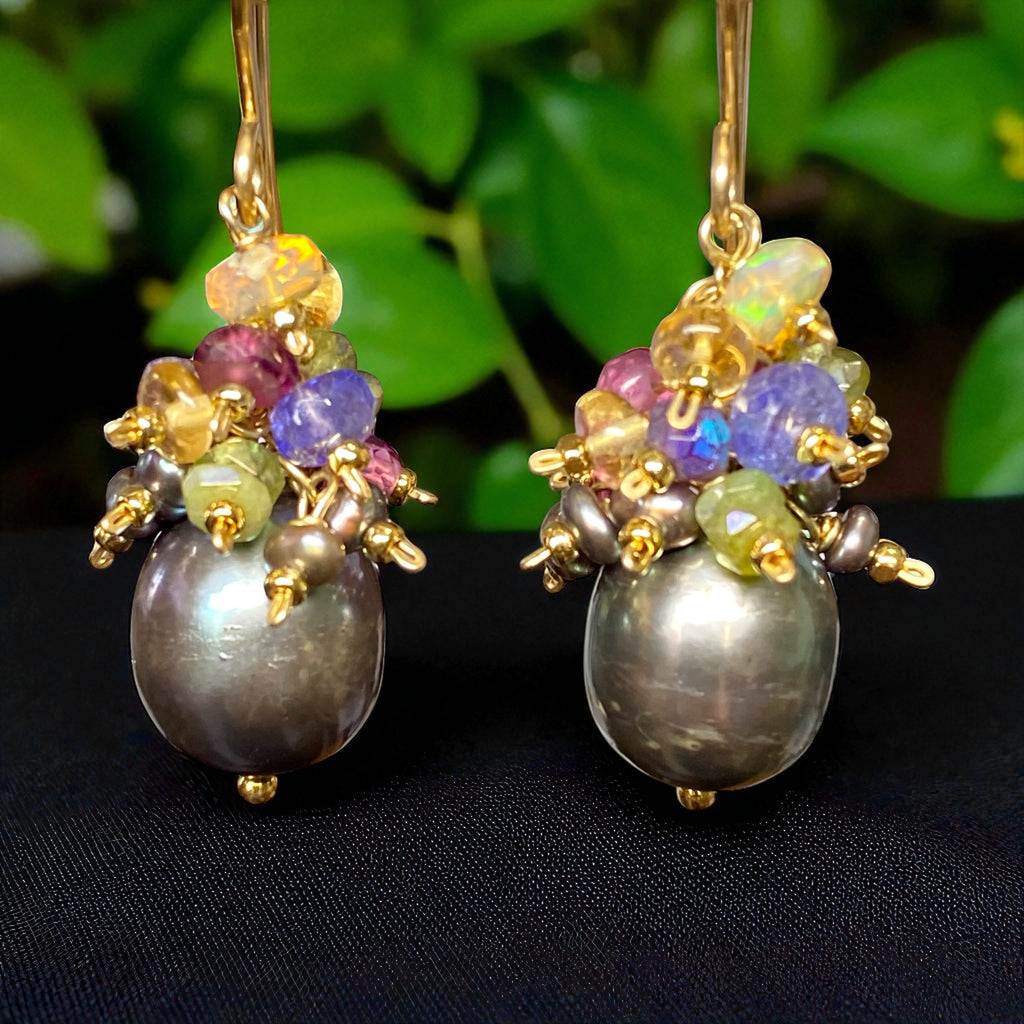 Gray Pearl Earrings with Gemstone Clusters in 14 kt Gold Fill