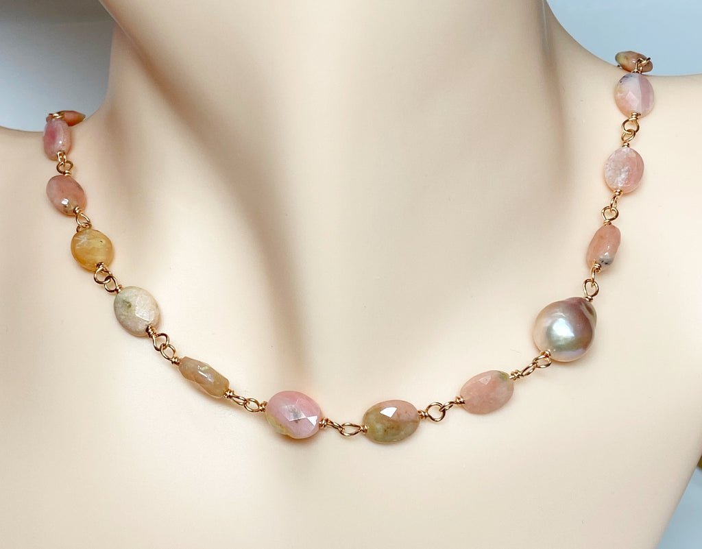 Pink Peruvian Opal, Pearl and Rose Gold Wire Wrapped Necklace