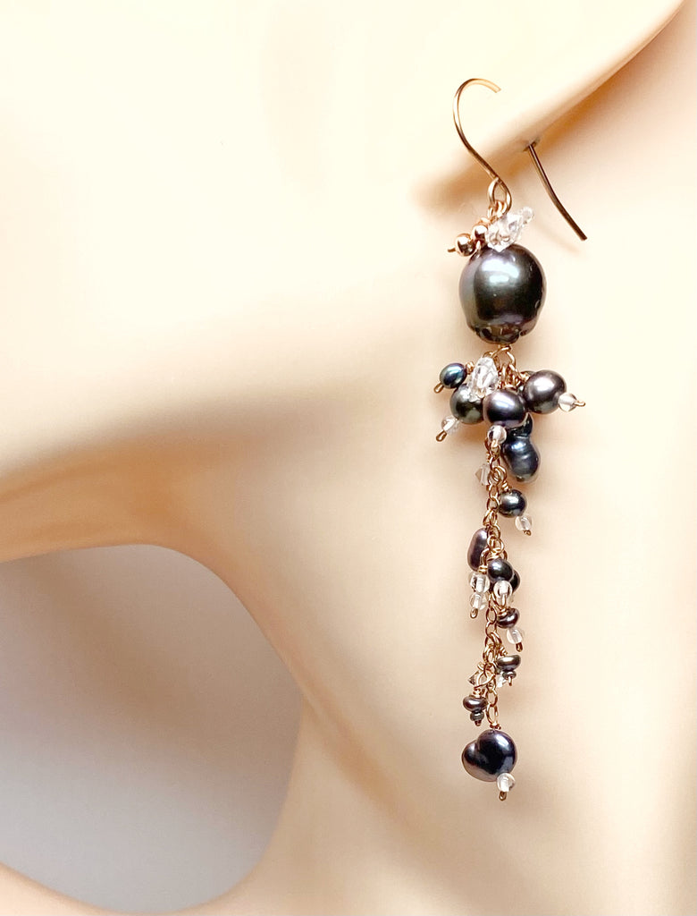 Black Peacock Pearl and Herkimer Crystal Dangle Earrings Rose Gold