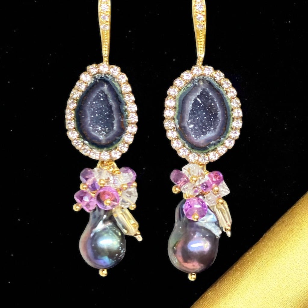 Plum Tabasco Geode and Pearl Dangle Earrings Diamond Look