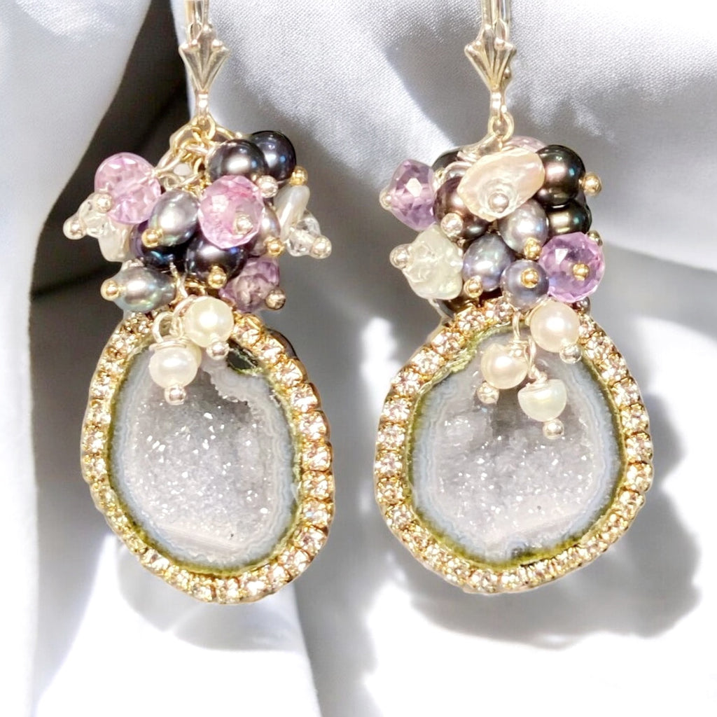 Grey Tabasco Geode Earrings with Diamond Look Austrian Crystals and Amethyst Pearl Clusters