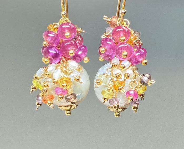 Pearl and Pink Sapphire Cluster Earrings Gold 3