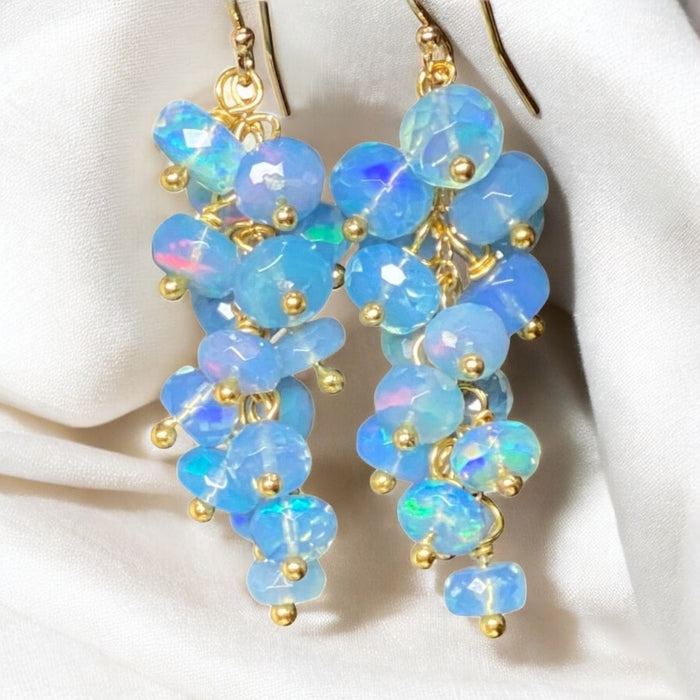 Blue Ethiopian Opal Cluster Dangle Earrings Gold Fill