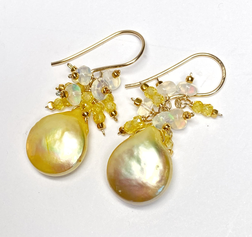 Yellow Coin Pearl Earrings with Opal Clusters Gold Fill