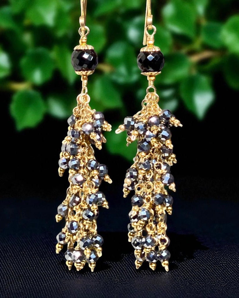 Sparkly Long Black Tassel Earrings Gold Fill