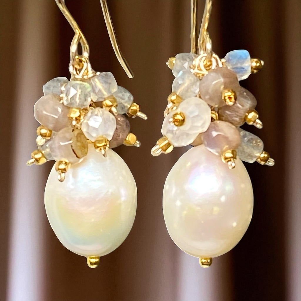 Pearl Cluster Earrings with Labradorite, Chocolate Moonstone Gold Fill or Sterling Silver