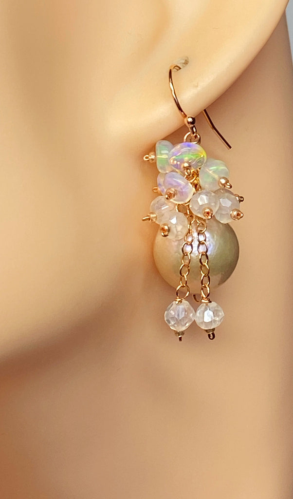 Pink Blush Pearl Opal Cluster Earrings Rose Gold