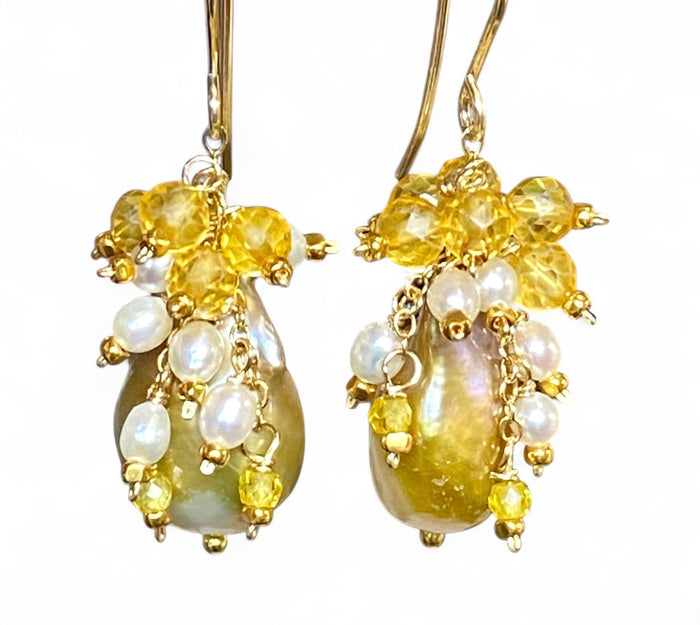 Citrine and Pond Slime Baroque Pearl Earrings Gold Fill