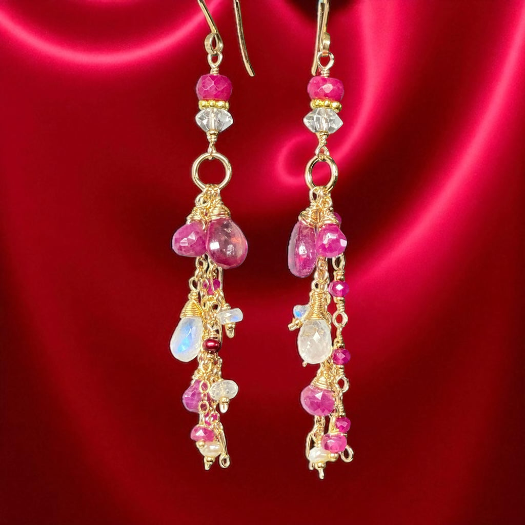 Red Ruby, Pink Sapphire Long Boho Dangle Earrings in Gold Fill with Moonstone