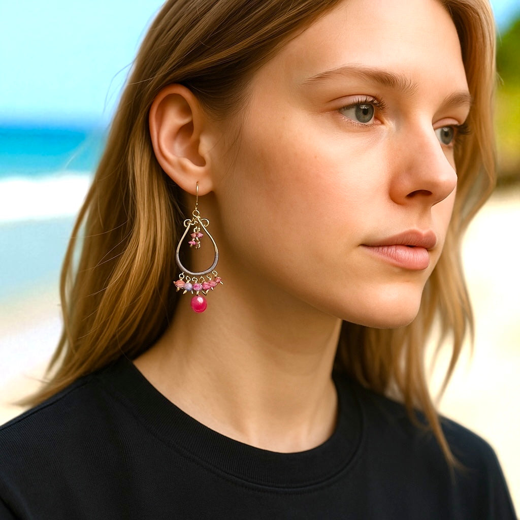 Pink Sapphire Oxidized Silver Hoop Chandelier Earrings, Mixed Metals 3