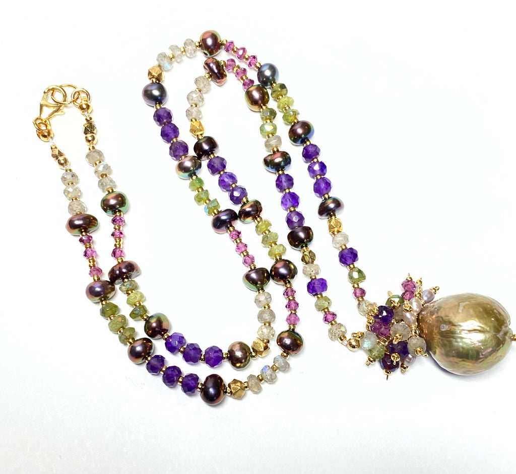 Exotic Mauve Pink Pond Slime Baroque Freshwater Pearl Pendant with Gemstone Necklace