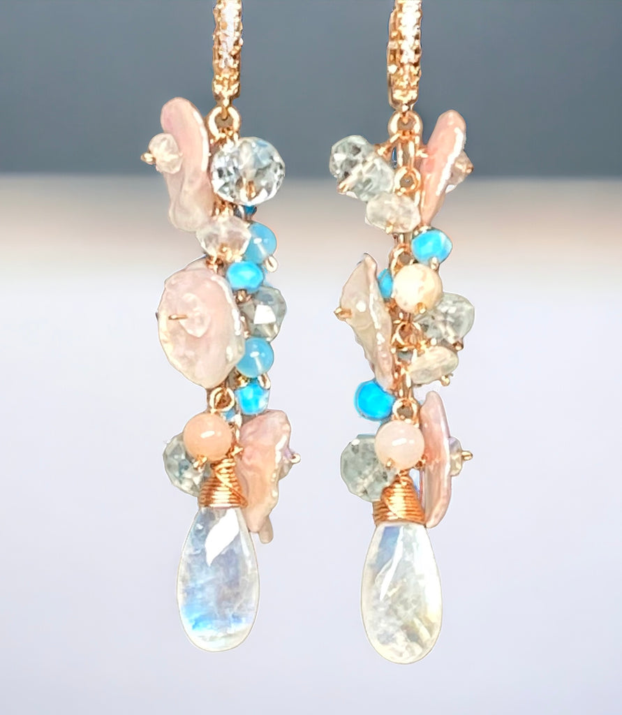 Long Gemstone Dangle Earrings Blush Keishi Pearl Rainbow Moonstone