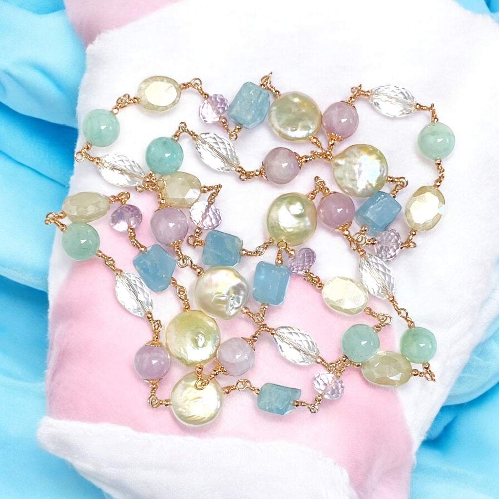 Long Multi Gemstone Pearl Necklace Aquamarine Amethyst Kunzite Rose Gold Fill