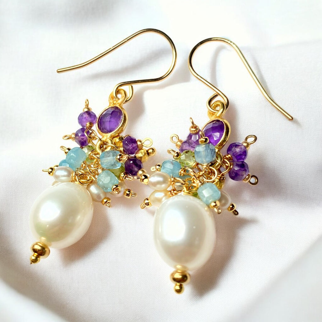 Pearl Cluster Earrings with Peridot, Aquamarine, Amethyst in Gold