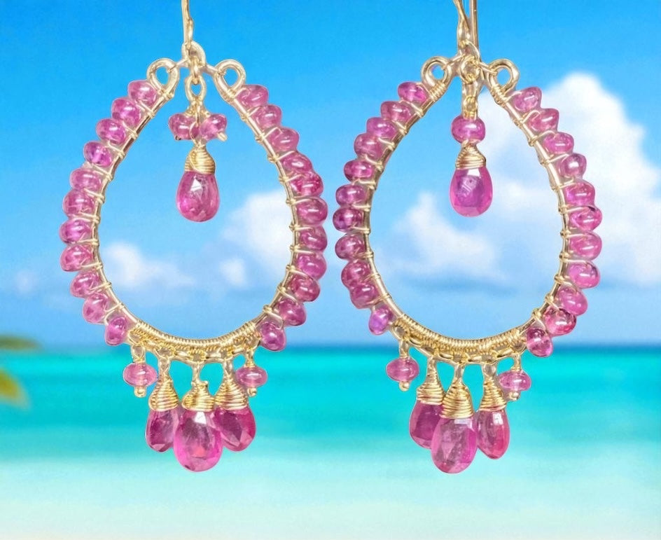 Pink Sapphire Chandelier Hoop Earrings Gold Fill