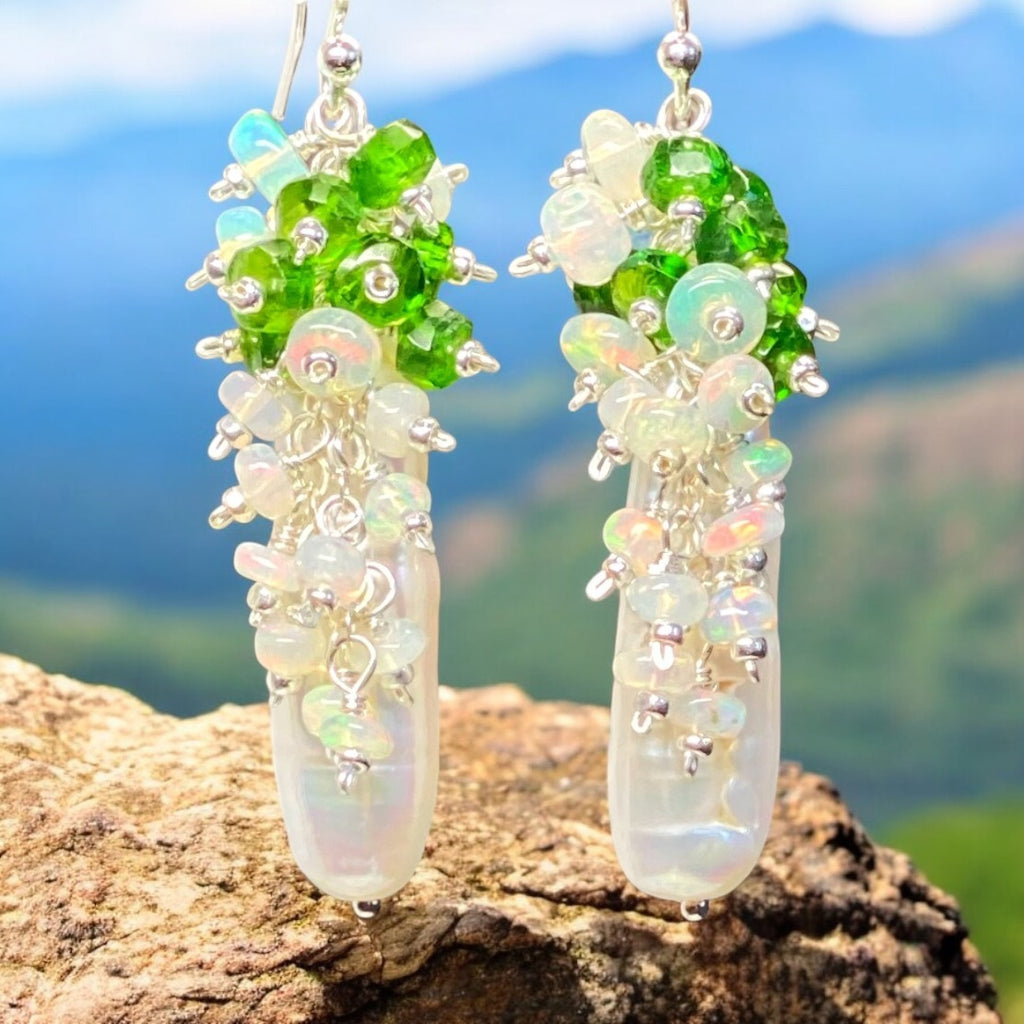 White Biwa Pearl with Chrome Diopside, Opal Clusters, Sterling Silver
