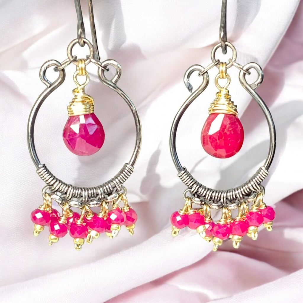 Red Ruby Mixed Metal Chandelier Hoop Earrings