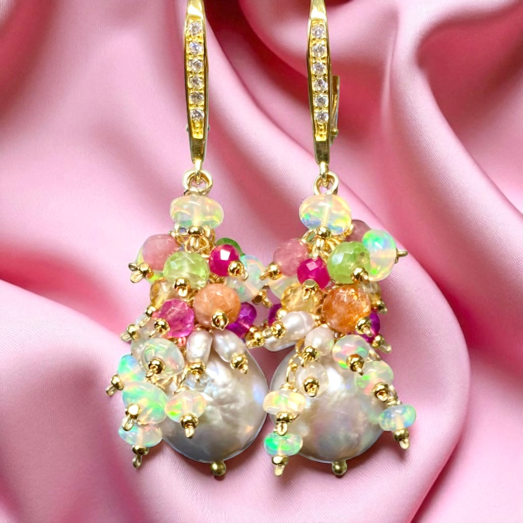 Silver Edison Pearl Multicolor Gemstone Cluster Earrings Gold Fill