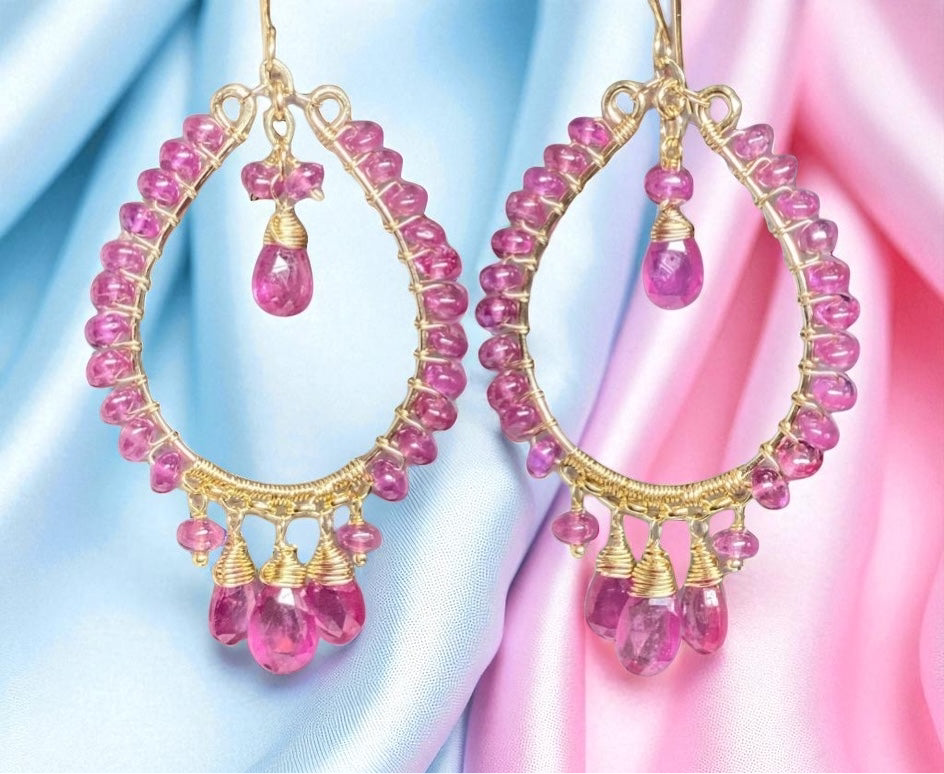 Pink Sapphire Chandelier Hoop Earrings Gold Fill