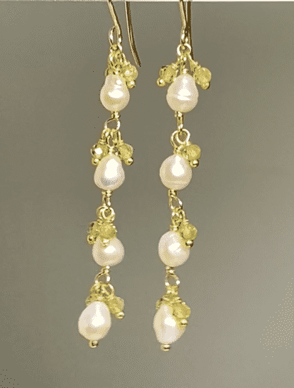 Peridot and Pearl Long Dainty Earrings Gold Fill - 3 PEARLS OPTION