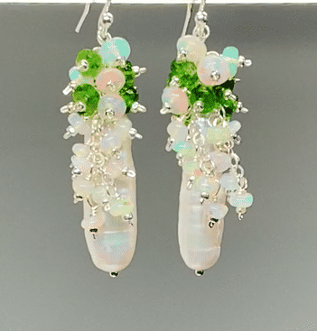 White Biwa Pearl with Chrome Diopside, Opal Clusters, Sterling Silver