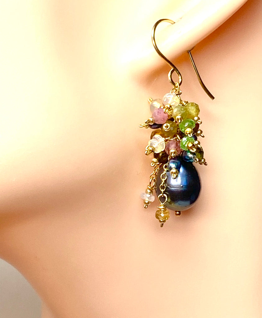 Tourmaline and Opal Cluster Earrings with Black Peacock Pearls