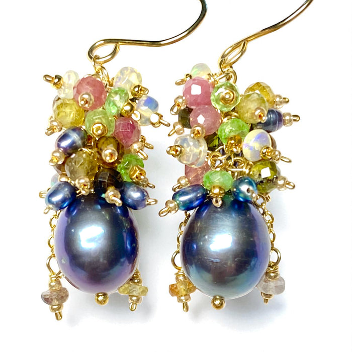 Tourmaline and Opal Cluster Earrings with Black Peacock Pearls