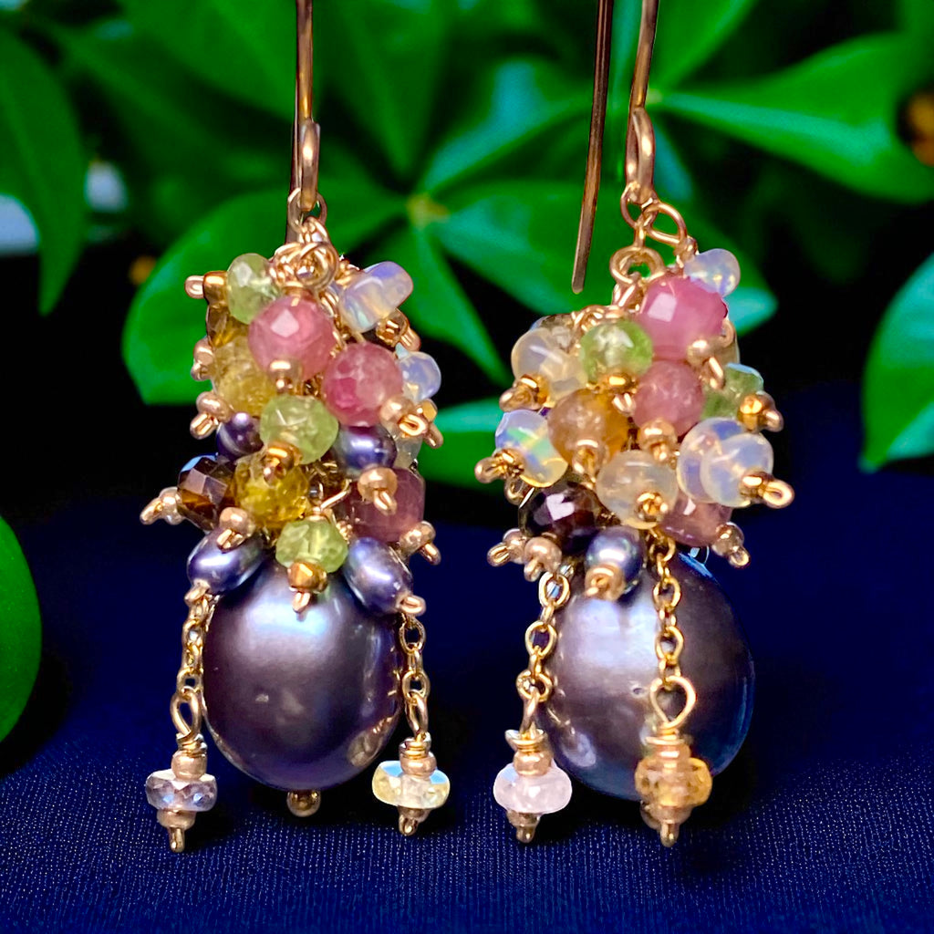 Tourmaline and Opal Cluster Earrings with Black Peacock Pearls