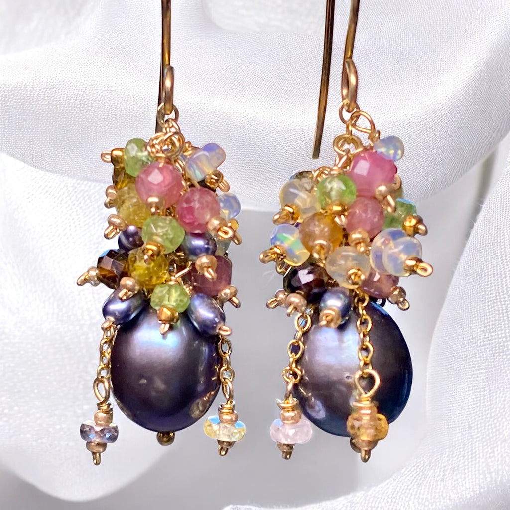 Tourmaline and Opal Cluster Earrings with Black Peacock Pearls