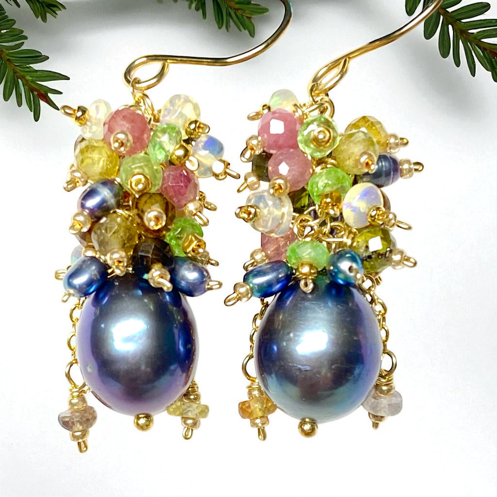 Tourmaline and Opal Cluster Earrings with Black Peacock Pearls