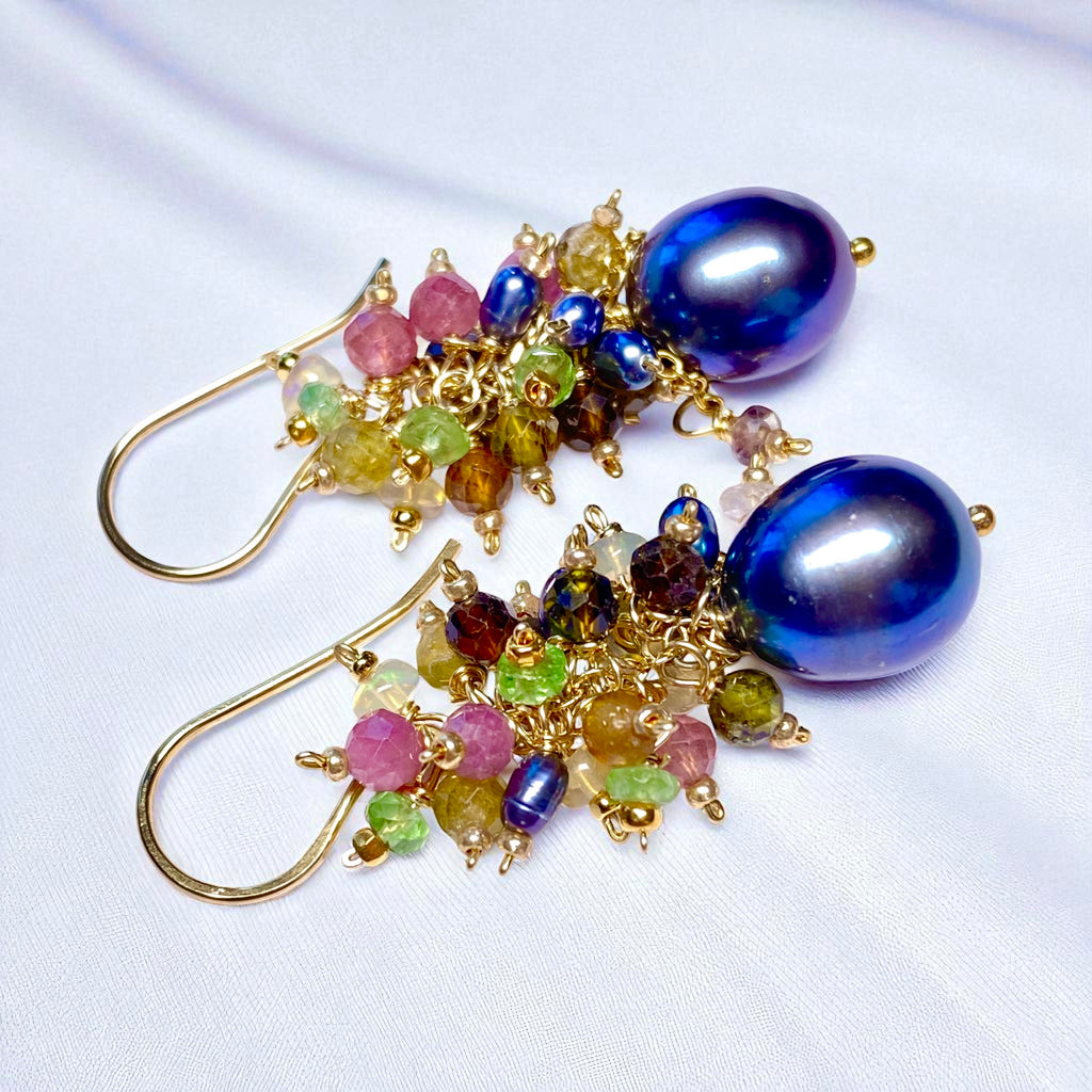 Tourmaline and Opal Cluster Earrings with Black Peacock Pearls