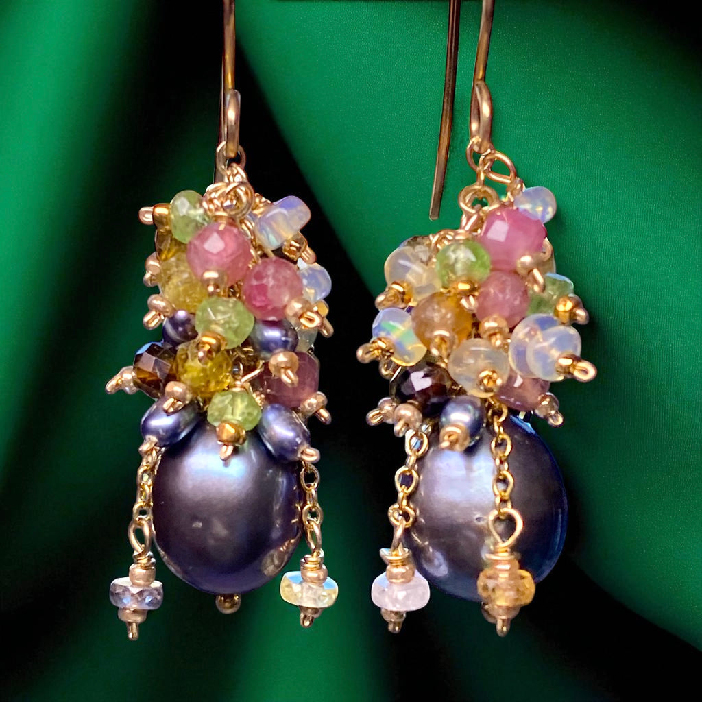 Tourmaline and Opal Cluster Earrings with Black Peacock Pearls